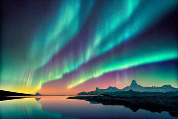 Wall Mural - aurora borealis on the norway. green northern lights above mountains. night sky with polar lights. n