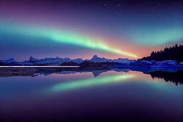 Wall Mural - Aurora borealis on the Norway. Green northern lights above mountains. Night sky with polar lights. Night winter landscape with aurora and reflection on the water surface. Natural back