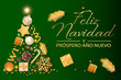 tarjeta o pancarta para desear una Feliz Navidad y un Feliz Año Nuevo en oro sobre un fondo verde con un árbol formado por una bola de Navidad, serpentina, abeto, estrella, regalos, bastón de caramelo