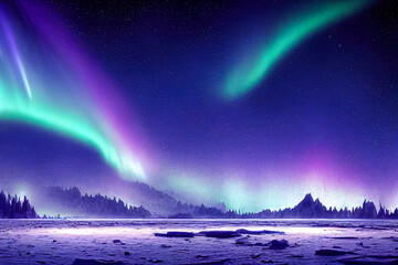 Wall Mural - aurora borealis on the norway. green northern lights above mountains. night sky with polar lights. n