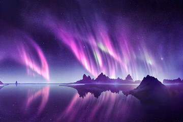 Wall Mural - aurora borealis on the norway. green northern lights above mountains. night sky with polar lights. n