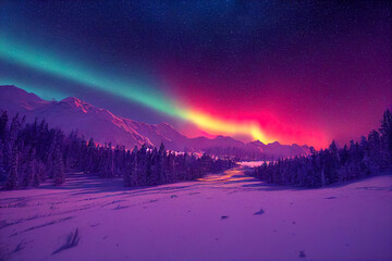 Wall Mural - aurora borealis on the norway. green northern lights above mountains. night sky with polar lights. n