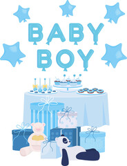 Poster - Baby shower festive board semi flat color raster object. Full sized item on white. Expecting boy simple cartoon style illustration for web graphic design and animation