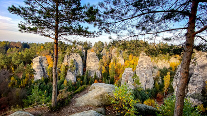 Magical autumn view of Prachov Rocks, Bohemian paradise (Prachovské skály, Český ráj). High sandstone rocks, Czech Republic.