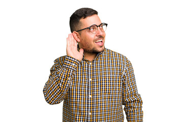 Canvas Print - Young caucasian man isolated trying to listening a gossip.