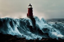 Huge Waves Crashing Into The Lighthouse