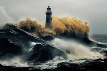Huge Waves Crashing Into The Lighthouse