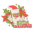 © LanaSham - Hippie Christmas quote with Santa face in retro style. 70s 60s nostalgic poster or card. Groovy Santa in peace glasses with holly and poinsettia. Linear vector illustration.