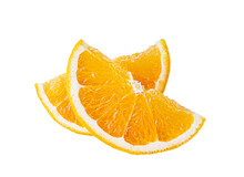 Orange Citrus Fruit Isolated On White Or Transparent Background. Two Cut Slices Of Orange Fruits