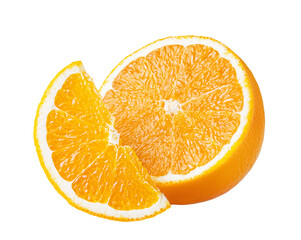 orange citrus fruit isolated on white or transparent background. two orange fruits cut half and slic