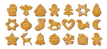 Christmas Gingerbread Cookie. Set Of Winter Sweet Homemade Biscuits In The Form Of Different Characters And Holiday Items Isolated On White Background. Cute Cartoon Vector Illustration