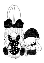 Gnome With Bunny Easter Egg Sleeping Silhouette Line Art