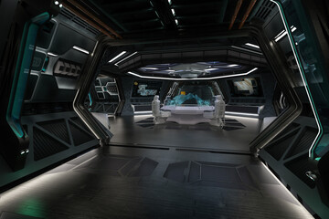 Poster - Science fiction fantasy corridor and entrance to control room in a space station or star ship. 3D rendering.