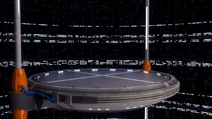 Poster - Large round lifting platform in a vast science fiction space station interior. 3D rendering.