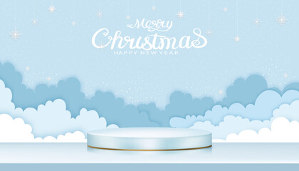 Wall Mural - Merry Christmas background with 3D display cylinder shape and paper cut cloudscape with snowflakes decoration on blue sky, Vector illustration for Christmas or New Year banner or Greeting card