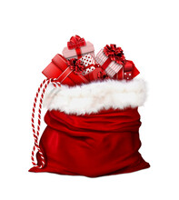 Santa Claus Hat With Gifts, Christmas Ornament, Sack Full Of Gifts, Transparent Background.  