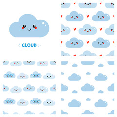 Wall Mural - Cute cartoon style cloud character and set, collection of three vector seamless pattern backgrounds with clouds.
