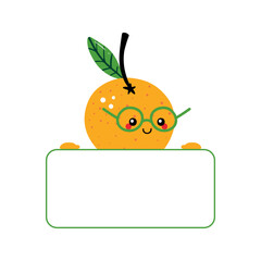 Wall Mural - Cute cartoon style orange fruit character in glasses holding in hands blank card, banner.
