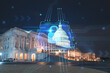 Front view, Capitol dome building at night, Washington DC, USA. Illuminated Home of Congress and Capitol Hill. The concept of cyber security to protect confidential information, padlock hologram