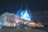 Fototapeta  - Front view, Capitol dome building at night, Washington DC, USA. Illuminated Home of Congress and Capitol Hill. The concept of cyber security to protect confidential information, padlock hologram