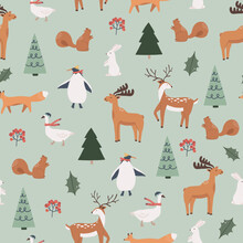 Winter Christmas Seamless Pattern With Forest Animals, Moose, Deer, Penguin, Squirrel, Rabbit, Goose, Trees. Vector Illustration In Doodle Hand Drawn Flat Style For Fabric, Textile, Paper, Kids