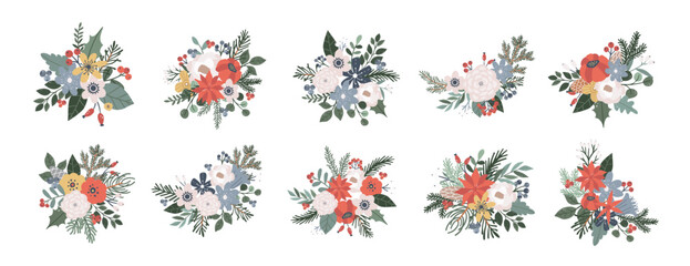 Wall Mural - Collection of winter Christmas floral bouquet with flowers, spruce, green leaves. Botanical nature plant, foliage arrangement vector illustration