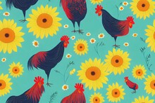 Seamless Pattern With Roosters, Hens And Sunflowers