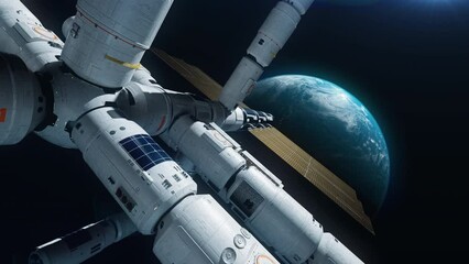 Wall Mural - a modern space station in orbit of the earth. the concept of exploring the world and modern technolo