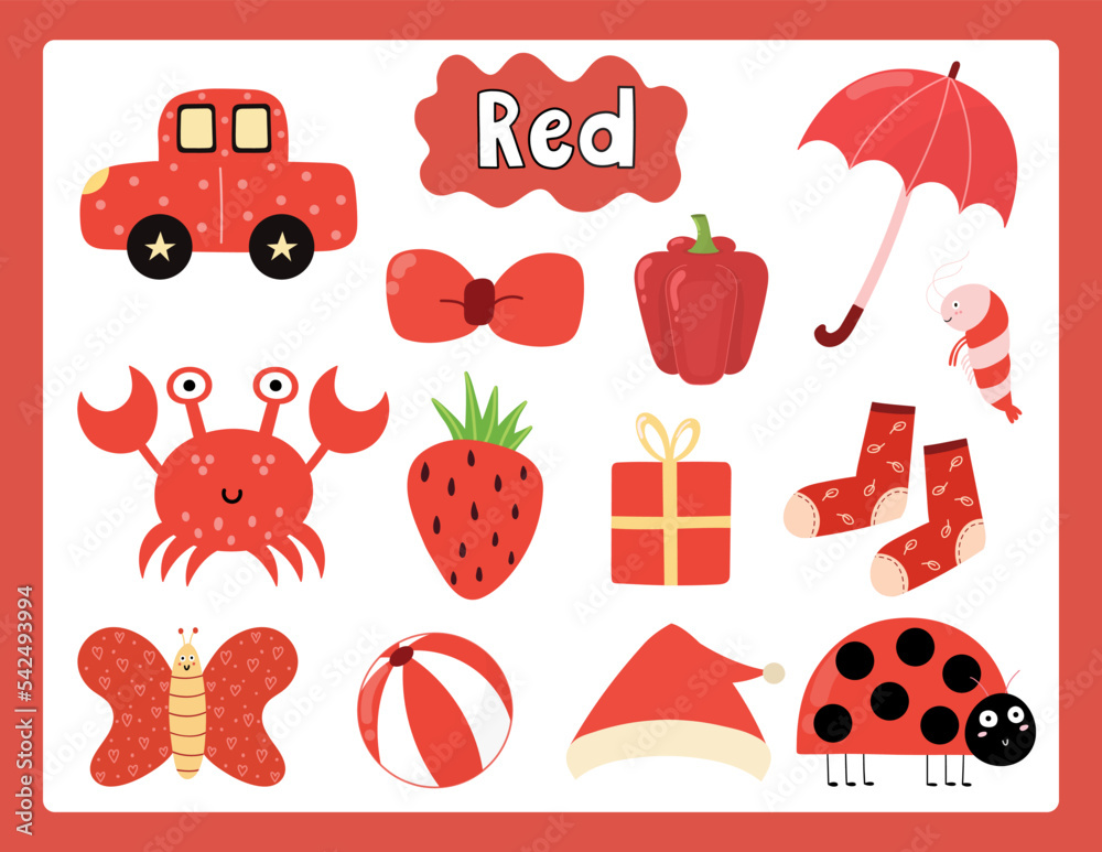 Set of red color objects. Primary colors flashcard with red elements. Learning colors for kids. Vector illustration