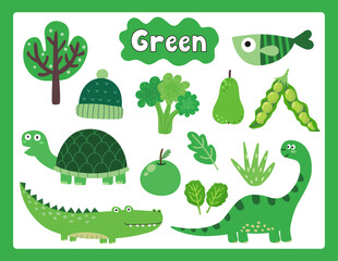 Poster - Set of green color objects. Primary colors flashcard with green elements. Learning colors for kids. Vector illustration