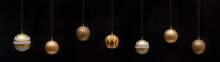 Christmas Celebration Holiday Background Banner Template Greeting Card Oanorama - Group Of Hanging Gold Golden Christmas Balls Christmas Baubles, Isolated On Black Background.