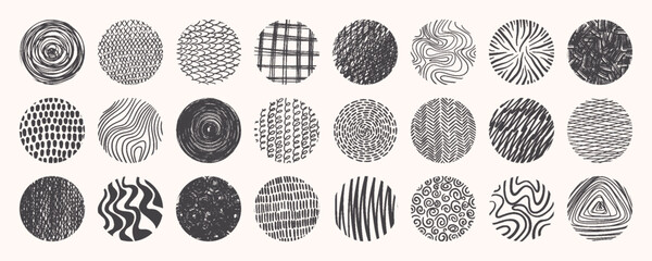 Big set of black round textures, pattern and hand drawn doodle shapes. Modern vector elements.
