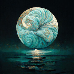 Wall Mural - Dream of a different full moon, moon becoming a nautilus or a shell, imaginary moon, illustration, art, ai, digital, beautiful moon, card