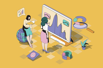 Fototapete - Data analysis web concept in 3d isometric design. Women making statistic analyzing on screen with charts and diagrams of sales and financial report. Vector web illustration with people isometry scene