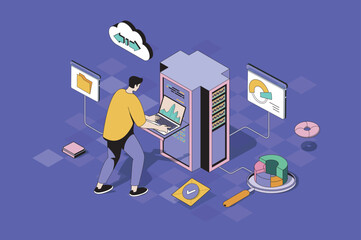 Leinwandbilder - data center web concept in 3d isometric design. man working as administrator in server room with rac