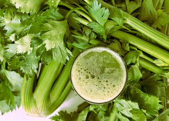 Fresh celery juice smoothie drink, celery stalks and leaves,