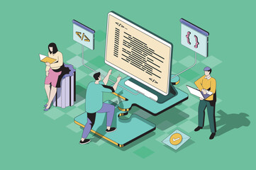 Developer team web concept in 3d isometric design. Programmers team working on project, engineering prototypes, coding and testing code and scripts. Vector web illustration with people isometry scene