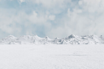 Wall Mural - abstact 3d render winter scene and natural podium background, snow field with ice snow mountain and 