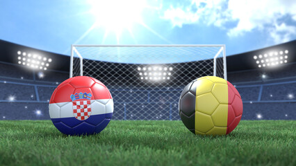 Two soccer balls in flags colors on stadium bright blurred background. Croatia and Belgium. 3d image