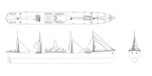 Outline Steamer Drawing. Contour Steamship Industrial Blueprint. Old Ship View: Top, Side And Front. Isolated Steamboat. Industry Vehicle