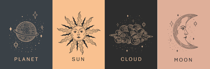 Wall Mural - Set of linear vector illustrations. Hand drawn celestial illustrations featuring sun, moon, planet, clouds. design elements for decoration in a modern style. Drawings for social media posts, stories.