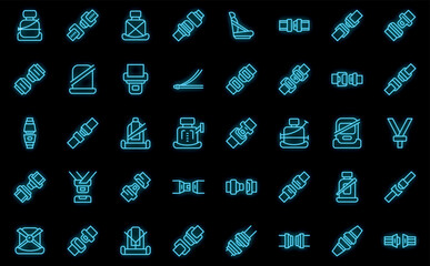 Poster - Seat belts icons set outline vector. Safety drive. Car road neon color on black