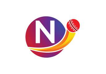 Letter N Cricket Logo Concept With Moving Cricket Ball Icon. Cricket Sports Logotype Symbol Vector Template Design.