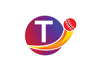 Letter T Cricket Logo Concept With Moving Cricket Ball Icon. Cricket Sports Logotype Symbol Vector Template Design.