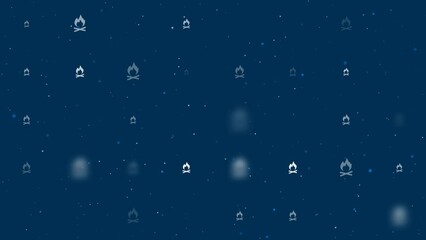 Poster - Template animation of evenly spaced bonfire symbols of different sizes and opacity. Animation of transparency and size. Seamless looped 4k animation on dark blue background with stars
