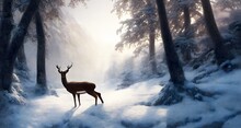 Beautiful Deer Walking In Winter Quiet Epic Forest Scene. Background, Animal, Christmas, Illustration.