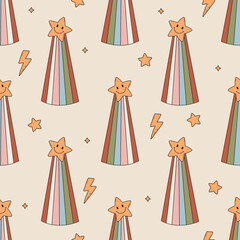 Wall Mural - Seamless vector pattern with cute smiling star characters and abstract rainbow beams. Vintage colorful doodle background. Cartoon funny texture. Hand drawn retro wallpaper, wrapping paper, textile