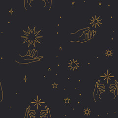 Wall Mural - Seamless pattern with constellations. Sun, moon, magic hands and stars. Mystical esoteric background for design. Astrology magical vector.