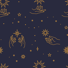 Wall Mural - Seamless pattern with constellations. Sun, moon, magic hands and stars. Mystical esoteric background for design. Astrology magical vector.