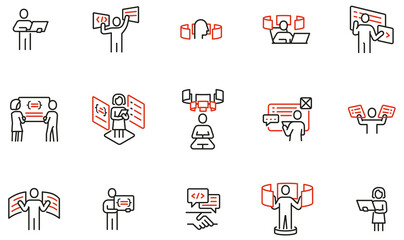 Vector set of linear icons related to engineering development, script coding and programming in javascript and python. Mono line pictograms and infographics design elements - part 1